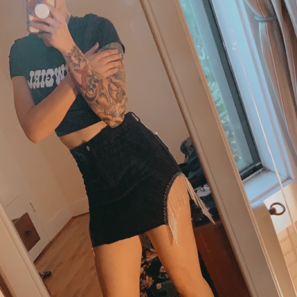 Black denim fringe skirt